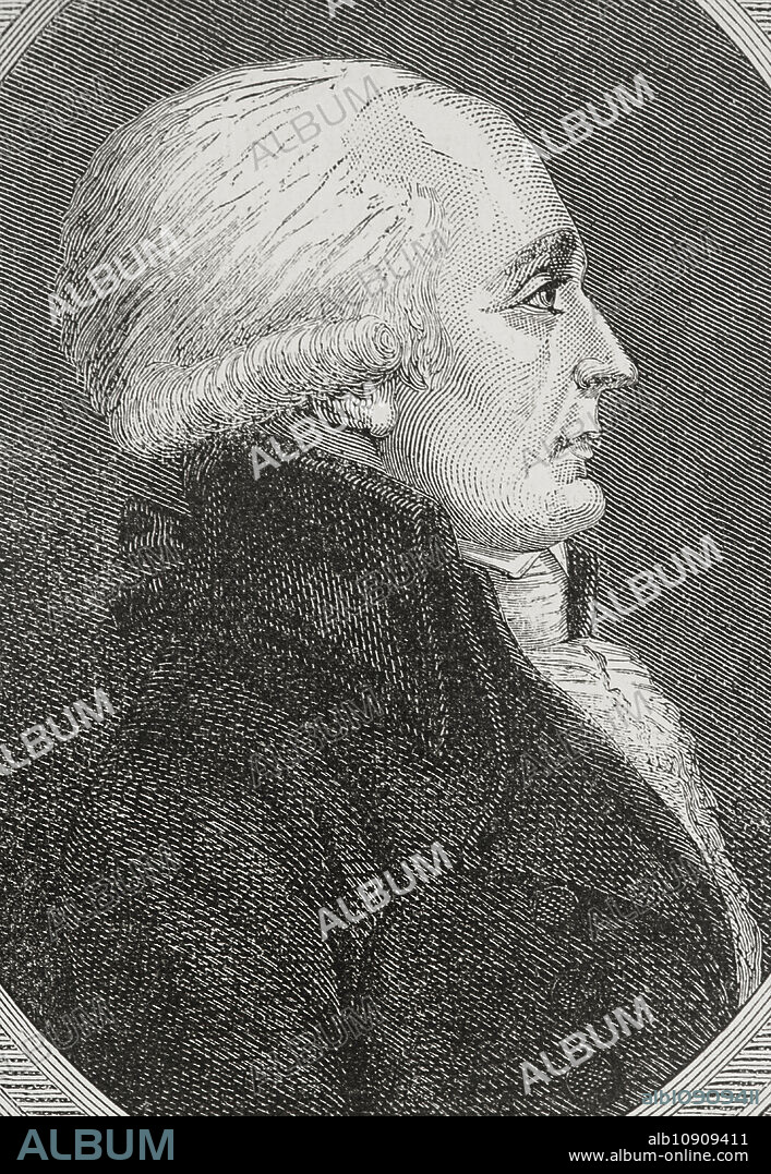Etienne Clavière (1735-1793). Banquero y hombre de negocios francés de origen suizo, nacido en Ginebra. Participó en la política durante la Revolución Francesa. Ministro de finanzas de Francia (24 de marzo al 12 de junio de 1792 y del 10 de agosto de 1792 al 2 de junio de 1793). Fue uno de los miembros fundadores y el primer presidente de la "Société des amis des Noirs" (Sociedad de Amigos de los Negros) y del "Club de los Jacobinos". Retrato. Grabado. "Historia de la Revolución Francesa". Tomo I, 1876.