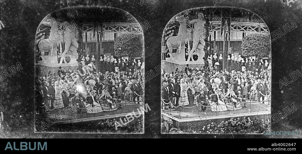 Daguerrotype of Napoleon III, the Empress Eugénie, Queen Victoria and Prince Albert at the Crystal Palace, Sydenham, London, 1855. Designed by Sir Joseph Paxton to house the Great Exhibition of 1851 in Hyde Park, the Crystal Palace was reconstructed and enlarged in Sydenham in 1852. The first column was raised on 5 August 1852 and the palace was opened by Queen Victoria on 10 June 1854. Many exhibitions and events were subsequently held at the Crystal Palace until it burnt down on 30 November 1936.