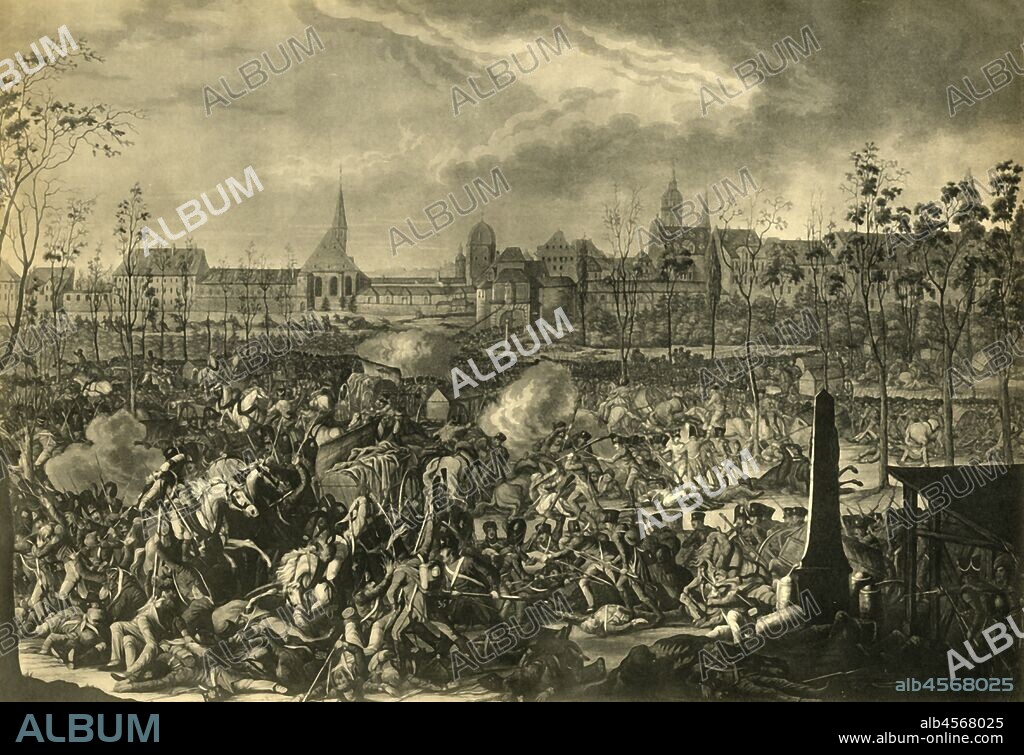 The Battle of Leipzig, 19 October 1813, (1921). 'La Bataille des Nations près de Leipzig'. The Battle of Leipzig, also known as the Battle of the Nations, was fought from 16 to 19 October 1813, at Leipzig, Saxony. The French army under Emperor Napoleon I were decisively defeated by the coalition armies of Russia, Prussia, Austria, and Sweden. It was the largest battle in Europe prior to World War I, with approximately 500,000 soldiers. Engraving after Johann Lorenz Rugendas II. From "Napoleon", by Raymond Guyot, [H. Floury, Paris, 1921].