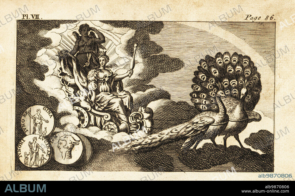 Juno, Roman goddess of marriage and queen of the gods. She rides a biga chariot drawn by two peacocks. Copperplate engraving from Andrew Tookes The Pantheon, Representing the Fabulous Histories of the Heathen Gods, London, 1757.