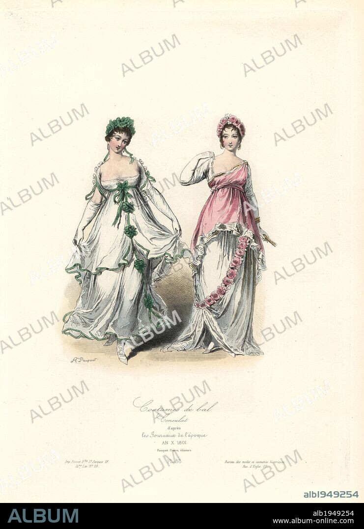 Neo-classical ball gowns, Consulate era, An X (Year 10) 1801. Handcoloured steel engraving by Hippolyte Pauquet after fashion magazines of the time from the Pauquet Brothers' "Modes et Costumes Historiques" (Historical Fashions and Costumes), Paris, 1865. Hippolyte (b. 1797) and Polydor Pauquet (b. 1799) ran a successful publishing house in Paris in the 19th century, specializing in illustrated books on costume, birds, butterflies, anatomy and natural history.