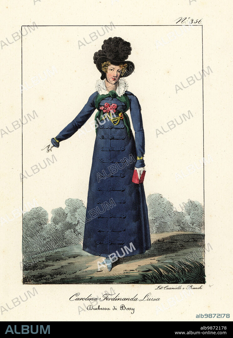 Marie-Caroline of Bourbon-Two Sicilies, Duchess of Berry, 1798-1870, Italian princess of the House of Bourbon. In bonnet with black plumes, blue coat with military frogging. Caroline Ferdinande Louise, Duchesse de Berry. Handcoloured lithograph by Lorenzo Bianchi and Domenico Cuciniello after Hippolyte Lecomte from Costumi civili e militari della monarchia francese dal 1200 al 1820, Naples, 1825. Italian edition of Lecomtes Civilian and military costumes of the French monarchy from 1200 to 1820.