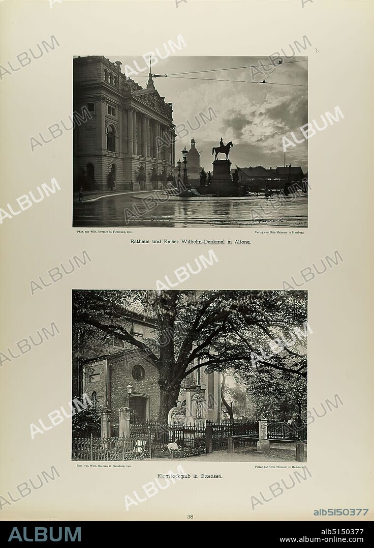 Wilhelm Dreesen, Otto Meissner, City Hall and Emperor Wilhelm monument in Altona and Klopstockgrave in Ottensen from the portfolio New picturesque pictures from the Free and Hanseatic City of Hamburg and its surroundings, Staatliche Landesbildstelle Hamburg, collection on the history of photography, paper, collotype, Total: Height: 48,00 cm; Width: 35,00 cm, inscribed: recto u. Photographer, Publisher and title, travel photography, architectural photography, city hall, grave, grave site, equestrian statue, monument, statue, churchyard, cemetery, exterior of a church, town, city view (veduta), Altona (district).