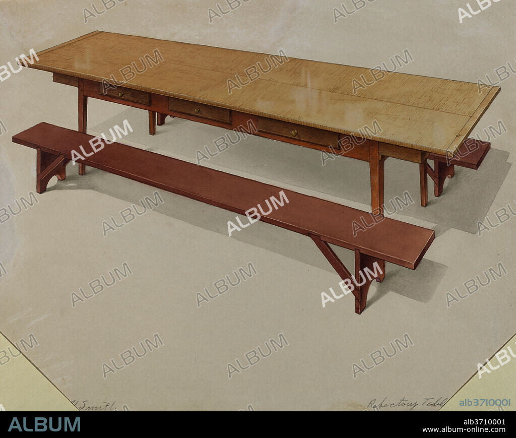 ALFRED H. SMITH. Shaker Refectory Table with Benches. Dated: c. 1936. Dimensions: overall: 22.7 x 28 cm (8 15/16 x 11 in.)  Original IAD Object: 30" high; 120" long; 24 1/2" wide. Medium: watercolor and graphite on paperboard.