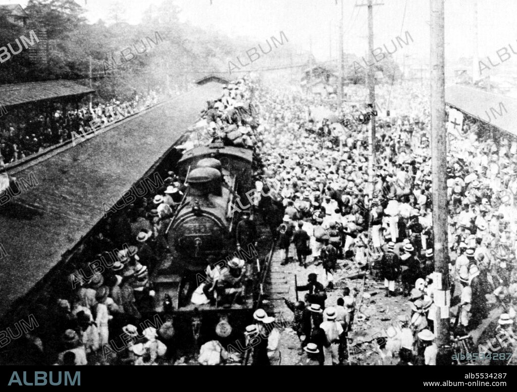The Great Kanto earthquake (????? Kanto daishinsai) struck the Kanto Plain on the Japanese main island of Honshu at 11:58 in the morning on Saturday, September 1, 1923. Varied accounts indicate the duration of the earthquake was between four and 10 minutes. The 2011 Tohoku earthquake later surpassed that record, at magnitude 9.0. The earthquake had a magnitude of 7.9 on the Moment magnitude scale (Mw), with its focus deep beneath Izu Oshima Island in the Sagami Bay. The cause was a rupture of part of the convergent boundary where the Philippine Sea Plate is subducting beneath the Okhotsk Plate along the line of the Sagami Trough. This earthquake devastated Tokyo, the port city of Yokohama, and the surrounding prefectures of Chiba, Kanagawa, and Shizuoka, and caused widespread damage throughout the Kanto region. The power was so great in Kamakura, over 60 km (37 mi) from the epicenter, it moved the Great Buddha statue, which weighs about 93 short tons (84,000 kg), almost two feet. Estimated casualties totaled about 142,800 deaths, including about 40,000 who went missing and were presumed dead. The damage from this natural disaster was the greatest sustained by prewar Japan. In 1960, the government declared September 1, the anniversary of the quake, as an annual 'Disaster Prevention Day'. According to the Japanese conclusive report, 105,385 deaths were confirmed in the 1923 quake.