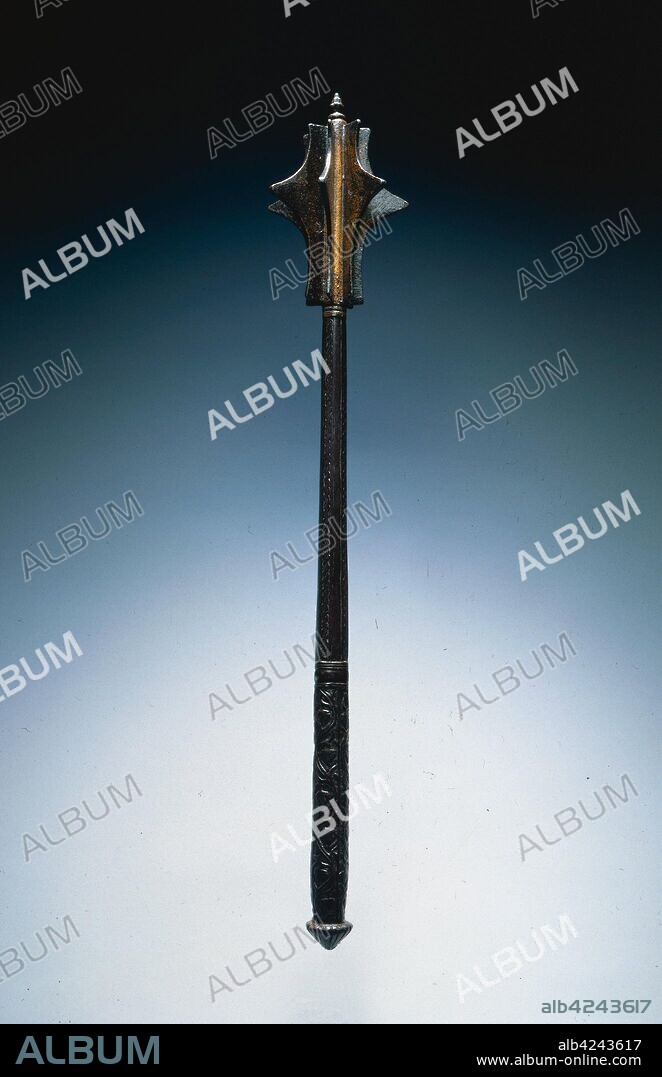 Seven-Flanged Mace, c. 1540-1550. Italy (?), 16th century. Gilded russet steel; with chiseled foliate decoration; overall: 64.5 cm (25 3/8 in.); head: 11.4 cm (4 1/2 in.).