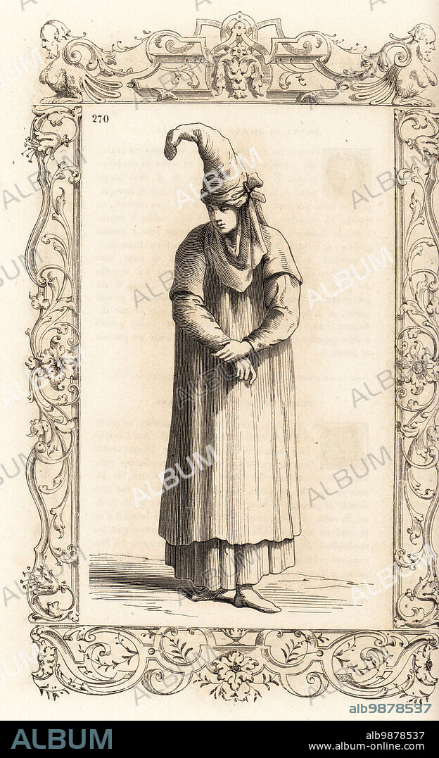 Costume of a woman of Biscay, Basque Country, Spain, 16th century. She wears a tall conical hat formed of a rolled veil, and a moire silk cloth covers her neck. Costume de femme de Biscaye. Within a decorative frame engraved by H. Catenacci and Fellmann. Woodblock engraving by Gerard Seguin and E.F. Huyot after a woodcut by Christoph Krieger from Cesare Vecellios 16th century Costumes anciens et modernes, Habiti antichi et moderni di tutto il mondo, Firman Didot Ferris Fils, Paris, 1859-1860.