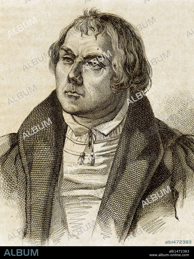 LUTERO (Martin Luther) (1483-1546). Reformador alemán. Doctor en Teología y sacerdote agustino. En 1517 expuso las tesis principales del luteranismo en Wittenberg. Fue excomulgado en 1520 y en 1521 condenado al ostracismo por el Imperio. S. XVI. Grabado S. XIX.