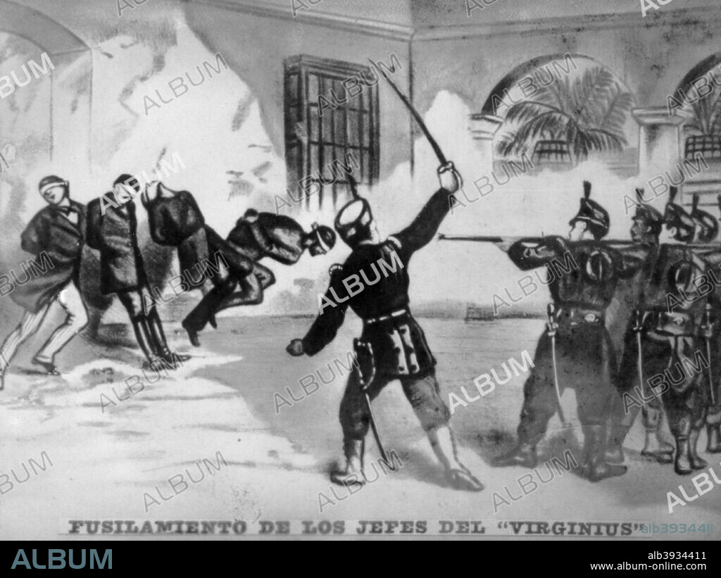Execution of the chiefs of Virginius. 4 chiefs  were executed on November 4th  1873. General Bernabe Varonac(Bembeta) Canadian General Willian O'Ryan and the Colonels Pedro de Cespedes and Jesus del Sol.Cigar card from the History of Cuba, Geografico Universal, Propaganda de los Cigarros Susini y La Corona, Tabacalera Cubana.