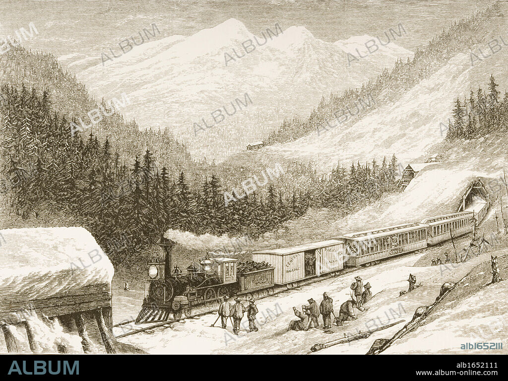 Steam train carrying US mail across Sierra Nevada in 1870s. From American Pictures Drawn With Pen And Pencil by Rev Samuel Manning circa 1880.