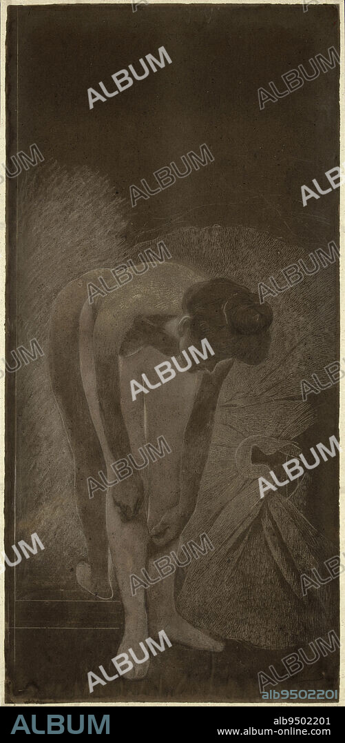Dancer leaning forward to adjust her tights, Pelez, Fernand, Draughtsman, About 1905, 1st quarter 20th century, Drawing, Graphic arts, Drawing, Graphite pencil, White highlights, Pastel, Canvas, Paper, Height: 155 cm, Width: 73 cm, Dimensions - Frame:, Height: 165.5 cm, Width: 84 cm.