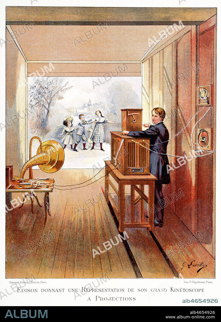 'EDISON donnant une representation de son grand Kinetoscope a projections' : entre 1889 et 1891, Thomas EDISON (1847-1931) et son collaborateur W.K.L. Dickson mettent au point l'appareil de lecture de films Kinetoscope. Lithographie de G. Lasellaz issue des Dernieres merveilles de la science, par Daniel Bellet (1864-1917), vers 1899-1900. Credit : Coll. Jonas/KHARBINE-TAPABOR.