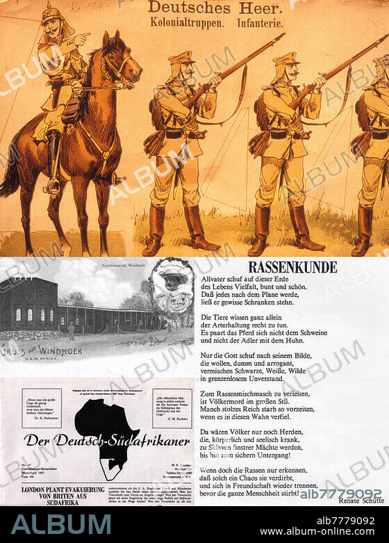Namibia, Namibias Weg zur Unabhaengigkeit (1884-1920 Kolonie Deutsch-Südwestafrika, 1920 bis 1990 als Mandatsgebiet des Völkerbund Teil von Südafrika), Angebot in einem Antiquitätenladen (Peter's Antiquitäten) in Swakopmund, Rassistisches Gedicht aus der Zeitung "Der Deutsch-Südafrikaner", Swakopmund, März/April 1987. Swakopmund, 1988.