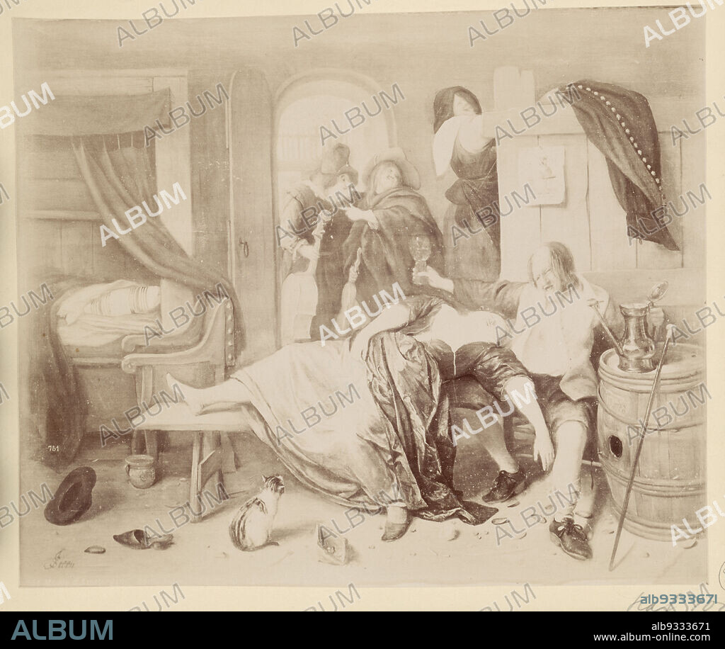 Photoreproduction of the painting The drunken couple by Jan Steen, anonymous, after: Jan Havicksz. Steen (mentioned on object), Amsterdam, publisher: Paris, 1867 - 1880, paper, cardboard, albumen print, height 215 mm × width 260 mmheight 268 mm × width 300 mm.