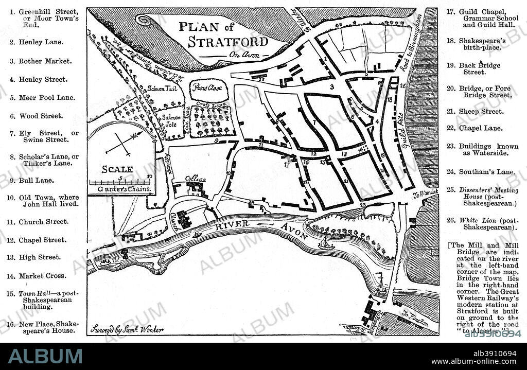 Map of Stratford-upon-Avon, Warwickshire, 1759 (1885). Indicated are all the features familiar to the Shakespeares. From Stratford-on-Avon, from the Earliest Time to the Death of William Shakespeare, by Sidney L Lee (London, 1885).