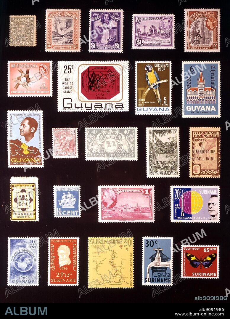 AMERICA - THE GUIANAS: (left to right) 1. British Guiana, 4 cents, 1860, 2. British Guiana, 10 cents, 1898, 3. British Guiana, 1 dollar, 1931, 4. British Guiana, 1 dollar, 1938, 5. British Guiana, 12 cents, 1954, 6. British Guiana, 5 cents, 1961, 7. Guyana, 25 cents, 1967, 8. Guyana, 5 cents, 1969, 9. Guyana, 6 cents, 1969, 10. Guyana, 5 cents, 1970, 11. French Guiana, 20 centimes, 1904, 12. French Guiana, 40 centimes, 1945, 13. French Guiana, 10 centimes, 1947, 14. Inini, 4 centimes, 1932, 15. Surinam, 2.5 cents, 1892, 16. Surinam, 1.5 cents, 1936, 17. Surinam, 1 cent, 1945, 18. Surinam, 20 cents, 1961, 19. Surinam, 10 + 5 cents, 1969, 20. Surinam, 25 + 12 cents, 1970, 21. Surinam, 30 cents, 1971, 22. Surinam, 30 cents, 1972, 23. Surinam, 65 cents, 1972.