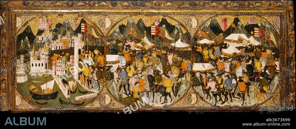 The Conquest of Naples by Charles of Durazzo. Artist: Master of Charles of Durazzo (Italian, Florentine, late 14th century). Dimensions: Overall 19 3/8 x 50 3/4 in. (49.2 x 128.9 cm); each painted surface 15 3/4 x 15 in. (40 x 38.1 cm). Date: 1381-82.
Painted in Florence about 1400, this elaborately decorated front of a chest (cassone) recounts in three episodes the conquest of Naples by Charles III of Durazzo, who defeated the forces of Otto of Brunswick in 1381. At the right, the armies clash; in the center, Otto's troops (recognizable by their distinctive haircut) surrender to Charles; at the left, the victors enter the conquered city. The prominent pennants and coats of arms in the spandrels are those of the Durazzo and the kings of Hungary. For more information about this painting, visit metmuseum.org.
