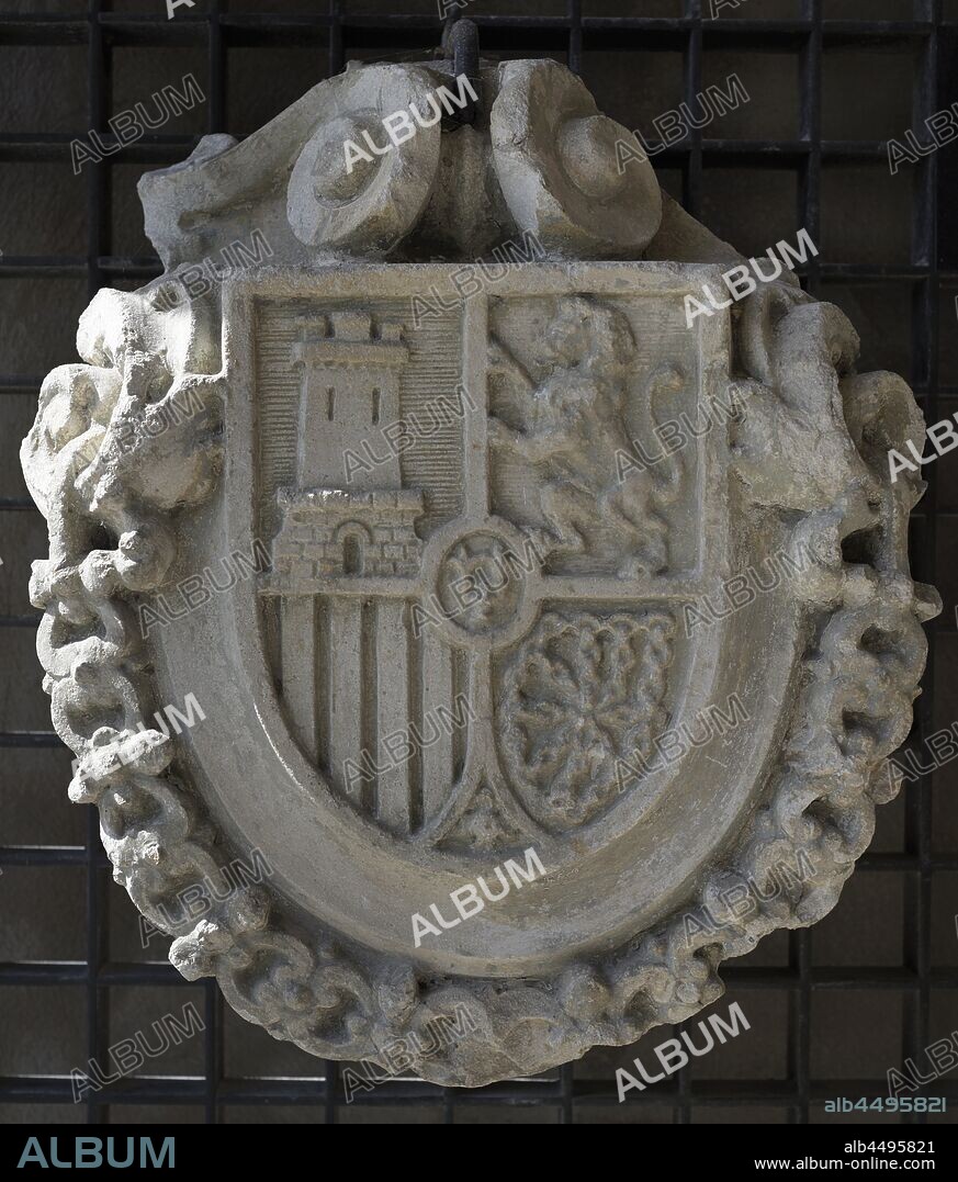 Coat of arms of Spain. From La Coru–a match factory. Galicia, Spain. Archaeological and History Museum (San Anton Castle). A Coru–a, Galicia, Spain.