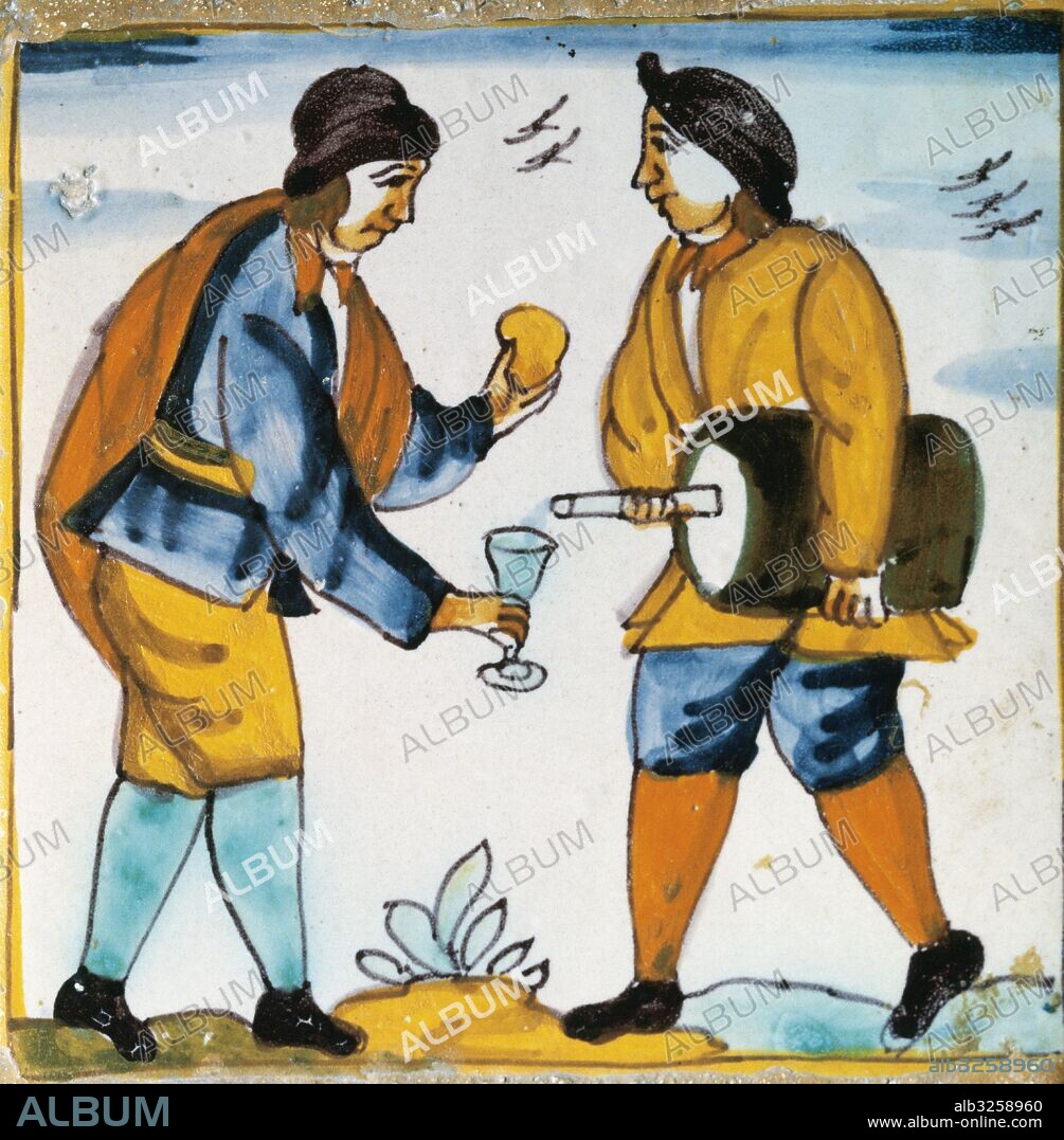 Azulejo catalán policromado del siglo XVII. Este siglo se puede considerar el "Siglo de Oro" de la loza catalana y barcelonesa. Los llamados de oficios y de escenas populares empiezan a reproducirse en el siglo XVII. Escanciador de vino. Museo de Historia de la Ciudad. Barcelona. Cataluña.
