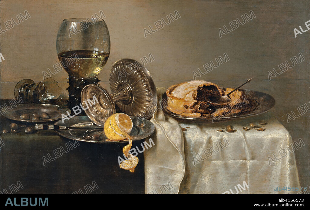 WILLEM CLAESZOON HEDA. Willem Claesz. Heda (Haarlem, 1593/1594-1680). Bodegón con pastel de frutas y diversos objetos (1634). Óleo sobre tabla. 43,7 x 68,2 cm.