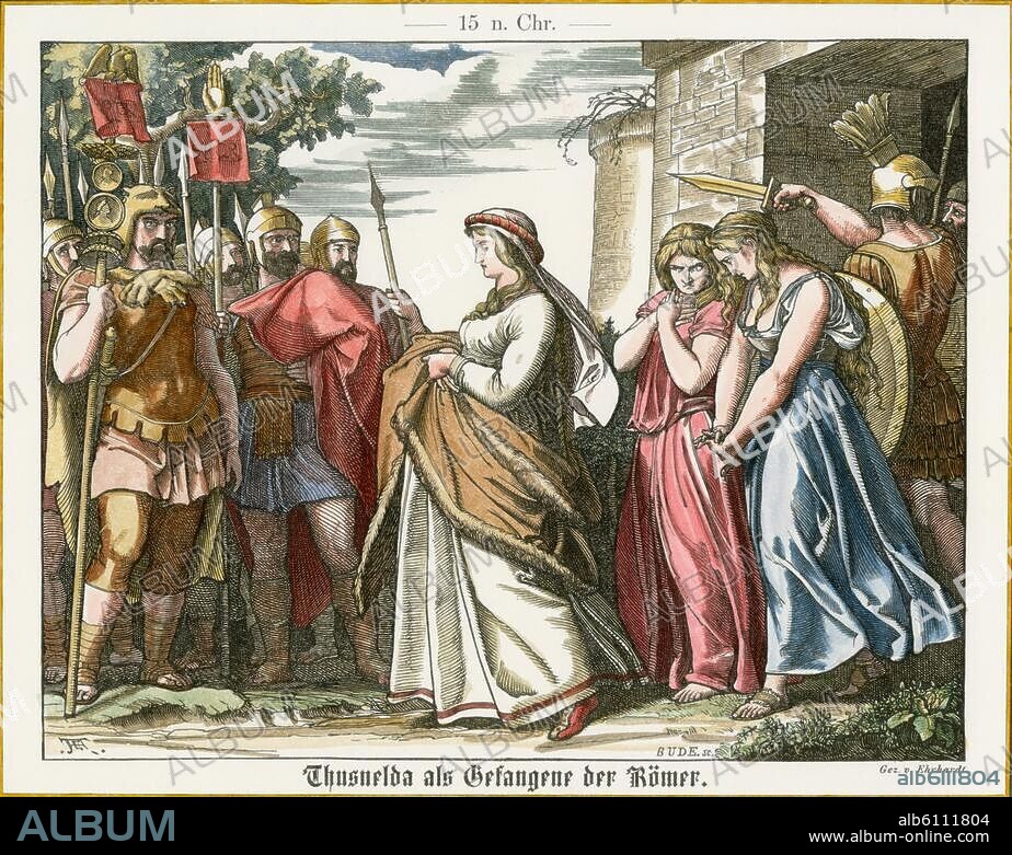 Thusnelda, Gattin des Cheruskerfürsten Arminius.-"Thusnelda als Gefangene der Römer".-(Die schwangere Thusnelda wird von ihrem mit den Römern verbündeten Vater Segestes den Römern ausgeliefert, 15 n. Chr.). Spätere Kolorierung. Holzstich, um 1860, nach Zeichnung von Adolf Ehrhardt (1813-1899), 149x194 mm.