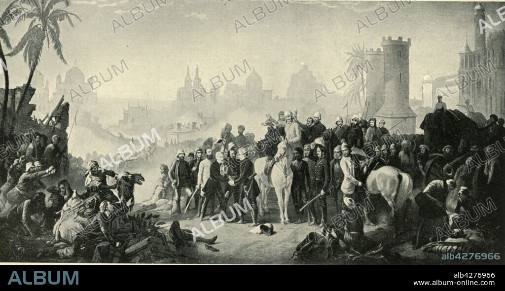 'The Relief of Lucknow - The Historic Meeting of Havelock, Outram, and Sir Colin Campbell, November 1857', (1901). Meeting betweeen British officers Major General Sir Henry Havelock, Lieutenant-General Sir James Outram, and Field Marshal Colin Campbell. The siege of Lucknow was one of the major engagements of the uprising against British rule in India which began in 1857. The city was besieged by mutineers for 87 days from the outbreak of the mutiny until a British force arrived on 25th November 1857. After a painting of 1859 in the National Portrait Gallery, London. From "The Life and Deeds of Earl Roberts, Vol. I. - To The End of the Indian Mutiny", by J. Maclaren Cobban. [T. C. & E. C. Jack, Edinburgh, 1901].