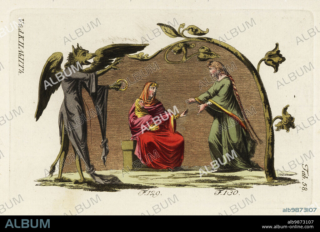 Norman costumes of the 12th century. Caricature of a winged demon wearing a Norman long-sleeved surtout tied at the sleeves and tails, holding a gold ring, seated Norman woman in veil with baby in swaddling clothes 129, and Norman woman in surtout with long plaited hair to her knees 130. Handcolored copperplate engraving from Robert von Spalart's Historical Picture of the Costumes of the Principal People of Antiquity and Middle Ages, Vienna, 1802.