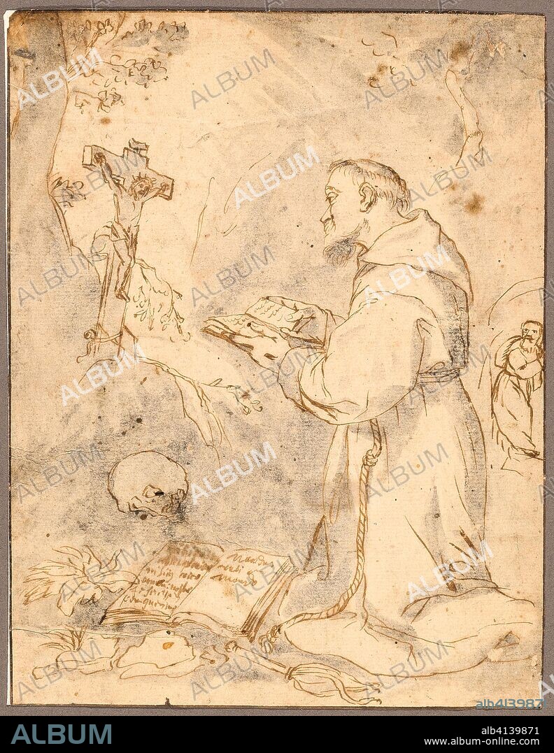 BARTOLOME ESTEBAN MURILLO. Saint Francis Praying. Possibly after Bartolomé Estéban Murillo; Spanish, 1618-1682. Date: 1638-1682. Dimensions: 222 x 171 mm. Pen and brown ink with brush and gray wash, on cream laid paper. Origin: Spain.