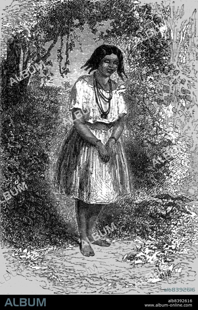 'Cafuzo Girl; A Trip up the Trombetas', 1875. [Woman from the Trombetas River region of the Amazon in South America. The term cafuzo has been used to refer to people of mixed African and Indigenous American ancestry]. From, 'Illustrated Travels' by H.W. Bates. [Cassell, Petter, and Galpin, c1880, London] Belle Sauvage Works.London E.C.