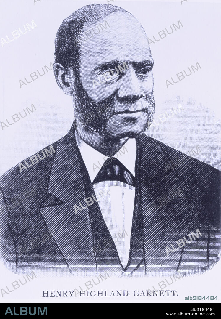 Henry Highland Garnett [sic]., 1887. Henry Highland Garnet, African-American abolitionist, minister, educator and orator. Born into slavery, on 12 February 1865, Garnet delivered a sermon in the U.S. House of Representatives, "the first colored man who has on any occasion spoken in our National Capital", on the occasion of Congress's passage on January 31 of the Thirteenth Amendment, ending slavery. From "Men of Mark: Eminent, Progressive and Rising" by William J. Simmons.