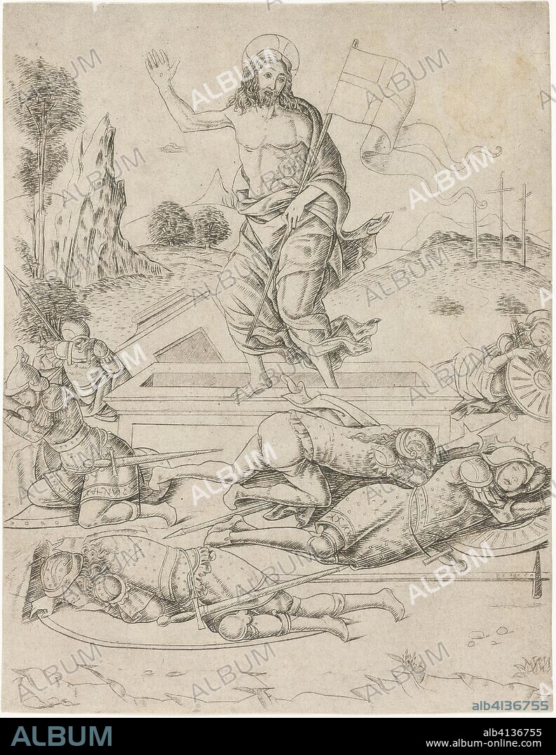 The Resurrection, plate eleven from the Life of the Virgin and Christ. Attributed to Francesco Rosselli; Italian, 1448-c. 1513. Date: 1465-1475. Dimensions: 221 x 162 mm. Engraving, printed in gray, on paper. Origin: Italy.