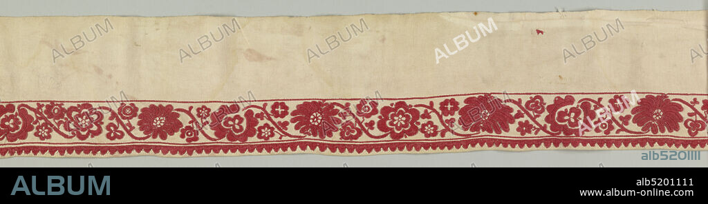 Border, Medium: cotton Technique: stem, satin, and chain stitch embroidery, Coarse natural color cotton band embroidered in bright red in a three inch wide border along the bottom. Design of running vine of natural-size blossoms in full face with stylized leaves. Hemmed at bottom and selvage at top. Possibly a border for a bed valence or cover., Mexico, late 19th century, embroidery & stitching, Border.