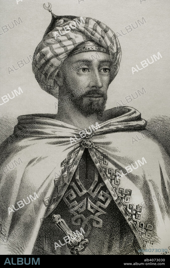 Abu Addallah Muhammad XII (1459-1533), known in Europe as Boabdil. Last Nasrid ruler of the Emirate of Granada in Iberia. His first reign was between 1482 and 1483; his second between 1487 and 1492. Portrait. Lithography. "Cronica General de España, Historia Ilustrada y Descriptiva de sus Provincias. Andalucia", 1869.