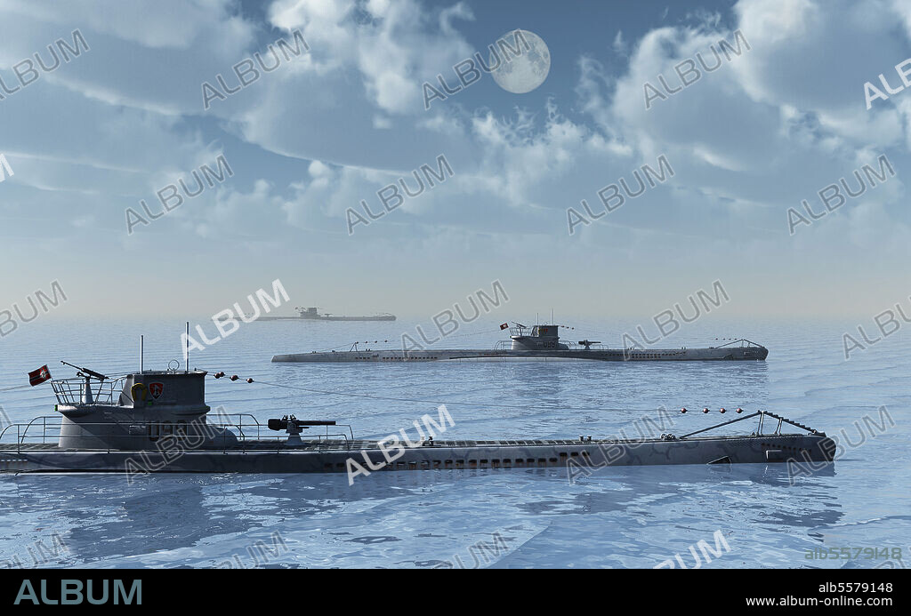 A wolfpack of German U-Boat submarines travelling across a calm Atlantic Ocean.