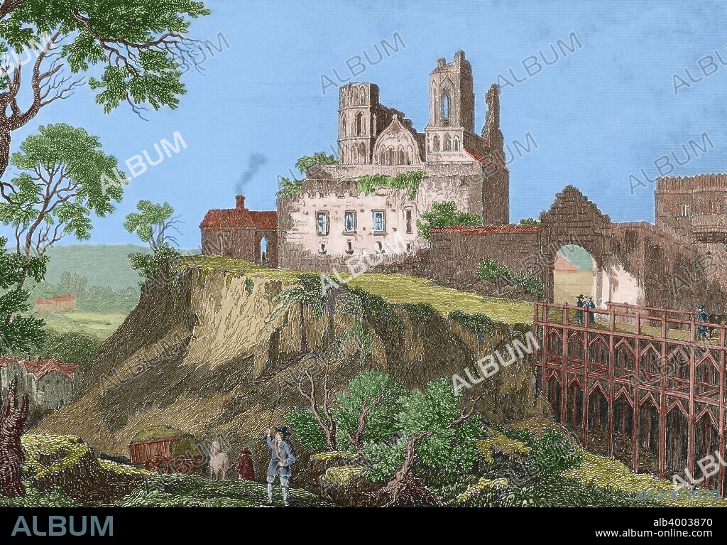 Ukraine. Ostroh Castle. The defensive enclosure was designed in the fourteenth century replacing the old fortress, destroyed by the Mongolian Tartars in 1241. It was the residence of the princes of Ostroh. Engraving by Cholet, ca. 1840. Later colouration.