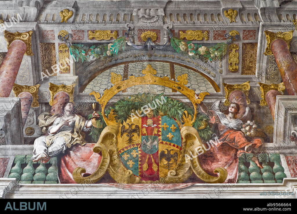 Sassuolo, Church of St. Francis, interior: detail with cornice and allegorical figures of the decoration by Baldassarre Bianchi and Gian Giacomo Monti, leading exponents of the Bolognese school of perspective and illusionistic squaring, who celebrate the Este Dukes.
