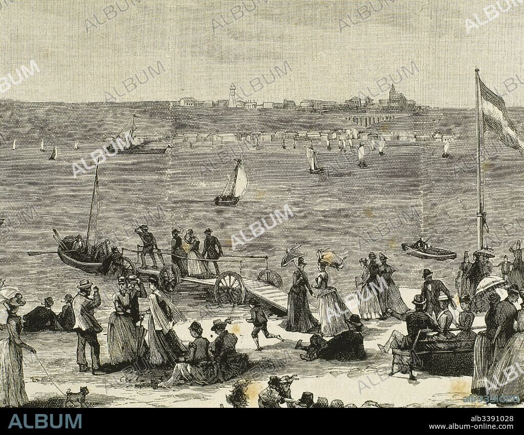 Heligoland. Isla de Alemania en el Mar del Norte. El Reino Unido cedió la isla a Alemania por el tratado de Heligoland-Zanzíbar en 1890. Perteneció a Dinamarca en el siglo XIV, al Holstein (1402-1714) y a la corona danesa en el siglo XVIII. Ocupada en 1814 por los británicos, fue cedida a cambio de Zanzíbar y Uganda a Alemania. Durante el Imperio alemán se convirtió en una gran base naval. Grabado, 1890.