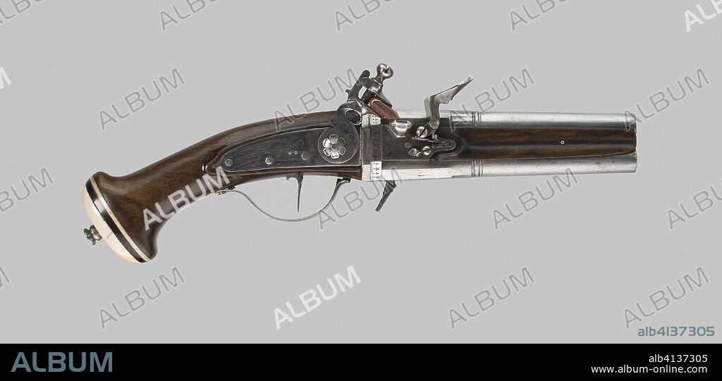 Double-Barrel Revolving Flintlock Pocket Pistol. Lock signed Henri Suber; French, Marseilles 17th century. Date: 1645-1665. Dimensions: L. 27.3 cm (10 3/4 in.)
Barrel L. 12.7 cm (5 in.)
Wt. 1 lb. 2 oz.
Caliber .46. Steel, wood, and ivory. Origin: France.