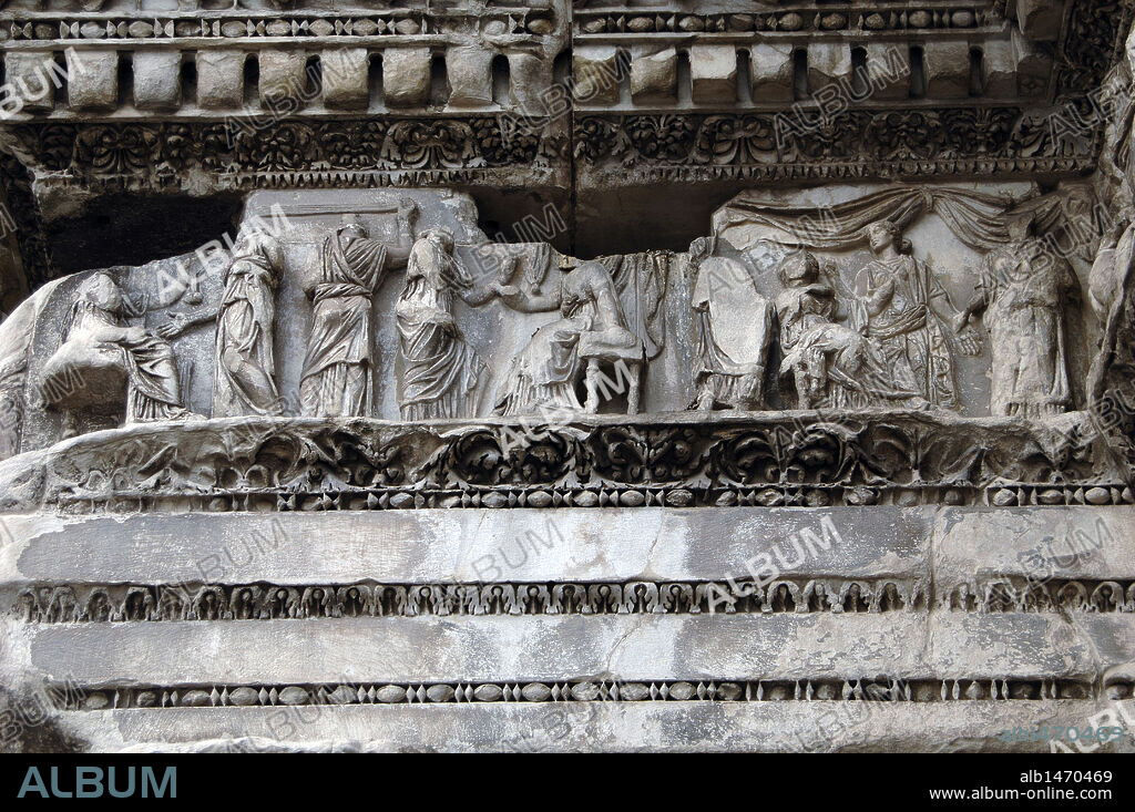 Italy. Rome. Forum of Nerva. Built in  85-97 A.C. It was started by Emperor Domitian but officially completed and opened by his successor, Nerva. It is also referred to as the Transient Forum (Forum Transitorium). Entablature. Detail showing scenes of myth of Arachne.