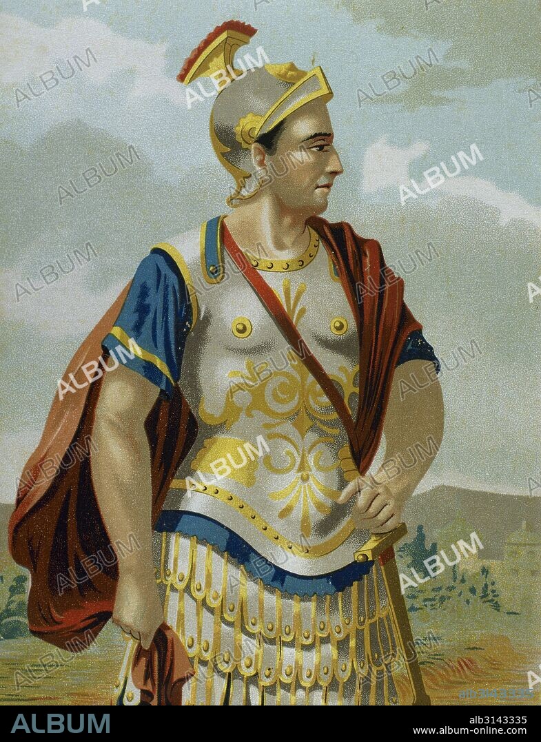 POMPEYO MAGNO, Cneo (Cnaeus Pompeius Magnus), llamado POMPEYO EL GRANDE (106-Pelusio, 48 a. C.). General romano. Se puso al servicio de Sila quien le encomendó la conquista de Sicilia y Africa, recibiendo el título de "Magnus" por conseguirlo. Fue asesinado por orden de Tolomeo XIII. Ilustración de "Personajes Ilustres", año 1875.