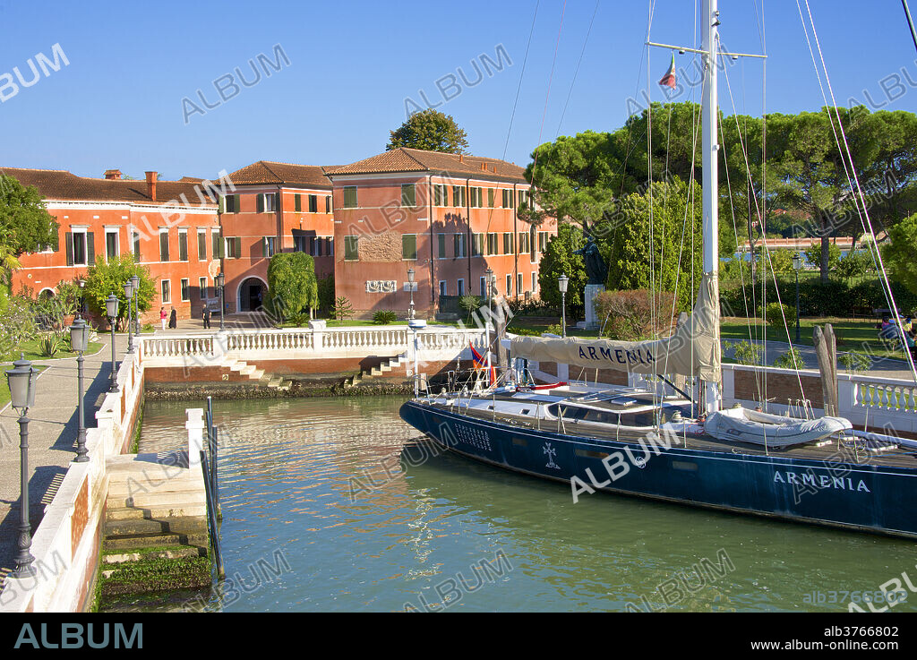 Armenian Monastery, San Lazzaro degli Armeni, and Armenian sail boat, Venice, UNESCO World Heritage Site, Veneto, Italy, Europe.