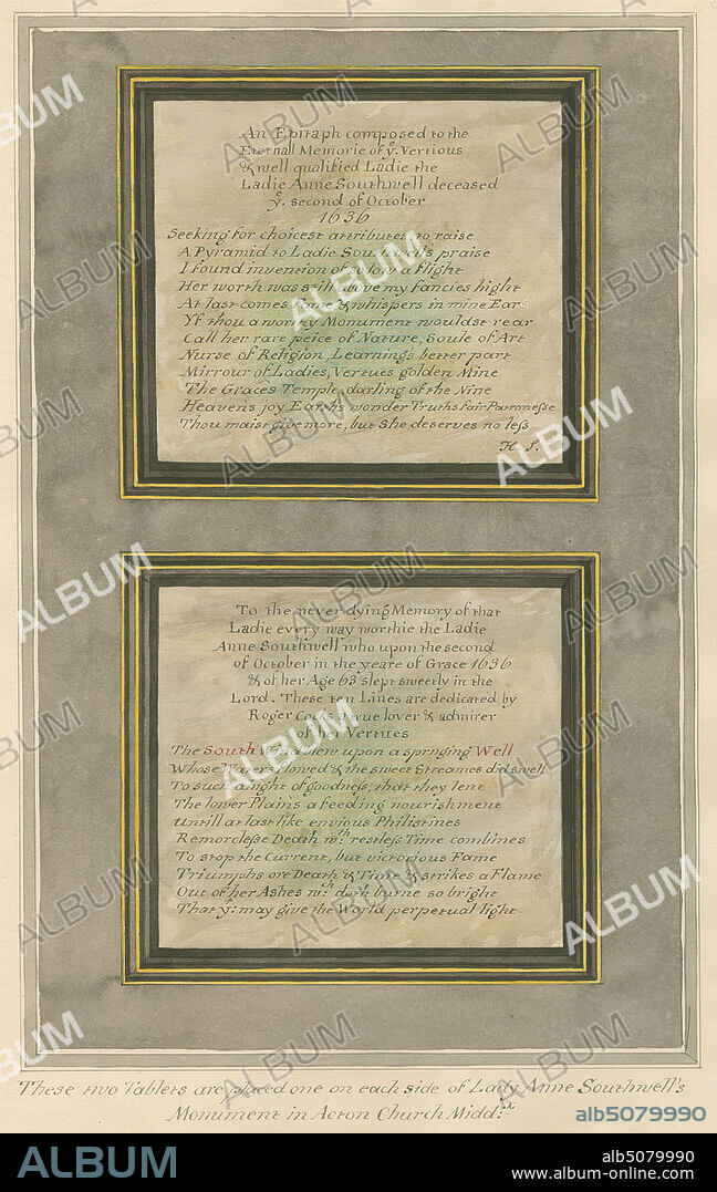Epitaph of Lady Anne Southwell from Acton Church, Attributed to Daniel Lysons, 17621834, British, between 1796 and 1811, Pen and black ink, watercolor and gouache on medium, slightly textured, cream wove paper, Sheet: 14 7/8 × 10 3/4 inches (37.8 × 27.3 cm), architectural subject, church, epitaph, memorial, Acton, England, Greater London, London, St Mary's Church, United Kingdom.