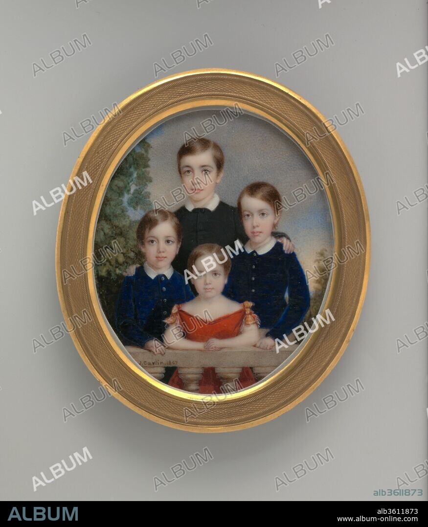 The Allen Children. Artist: John Carlin (American, Philadelphia, Pennsylvania 1813-1891 New York). Dimensions: 4 1/16 x 3 3/8 in. (10.3 x 8.6 cm). Date: 1847.
Carlin made four consecutive entries in his account book during October 1846 for sittings with the Allen Brothers.  He called them "Eldest," "Second," "Third," and "Youngest."  In the margin next to the names, Carlin wrote, "In half length group $50.00."  William Barton Franklin Vanderbilt, and Harry were the sons of commodore Cornelius Vanderbilt's second daughter, Ethelinda Vanderbilt, and Daniel B. Allen.  Vanderbilt Commissioned the group portrait of his grandsons.