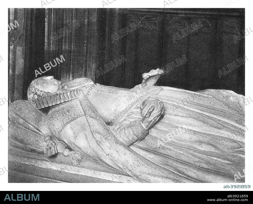 Tomb of Queen Elizabeth I, Westminster Abbey, (1896). The tomb of Elizabeth (1533-1603) in Westminster Abbey, London. Illustration from a work published by Boussod, Valadon & Co, (1896).