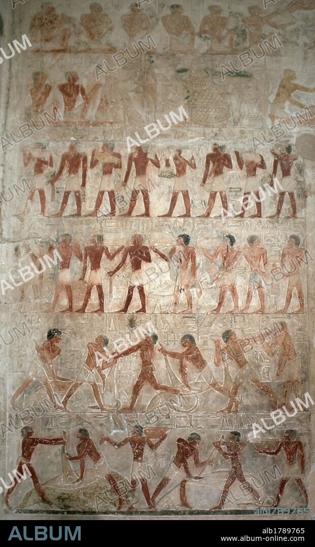 ARTE EGIPCIO. EGIPTO. MASTABA DE PTAHOTEP Y AKHUTHOTEP. Detalle de uno de los relieves policromados del interior de la tumba. Escenas de Ofrendas y despiece de bueyes. VI DINASTIA. IMPERIO ANTIGUO. NECROPOLIS DE SAKKARA.