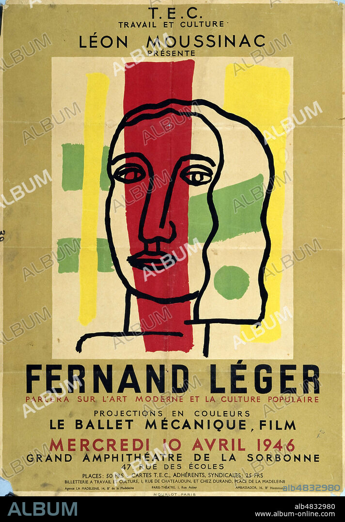 FERNAND LÉGER. 'Fernand LEGER (1881-1955 = ADAGP) parlera sur l'art moderne et la culture populaire. Projection en couleur 'Le ballet mecanique', film'. Affiche de 1946 pour une conference. annees 40. Credit : IM/KHARBINE-TAPABOR.