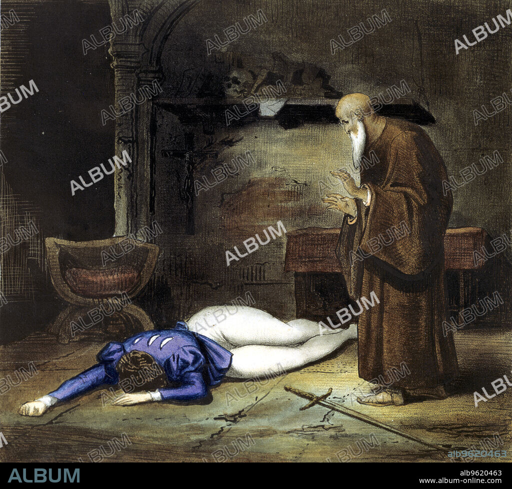 'The Death of Romeo', 19th century. Illustration for William Shakespeare's tragedy Romeo and Juliet, showing Friar Lawrence finding Romeo's body. The play was first performed c1595. From a private collection.