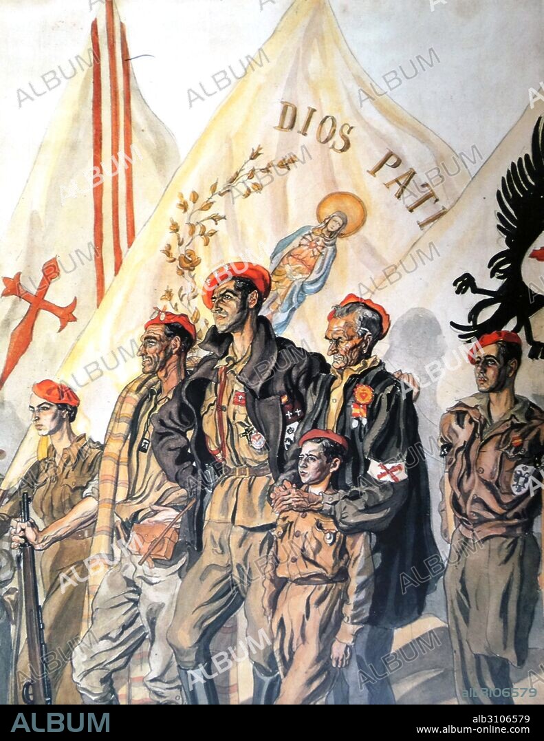 Carlist propaganda illustration of militia with flag saying; God and fatherland. Carlism is a political movement in Spain seeking the establishment of a separate line of the Bourbon dynasty on the Spanish throne. After the October 1934 Revolution, which cost the life of the Carlist deputy Marcelino Oreja Elósegui, Carlism started to prepare for an armed clash with the revolutionaries. During the Spanish Civil War (1936–1939) the Carlists were on the side of the Nationalist rebels.