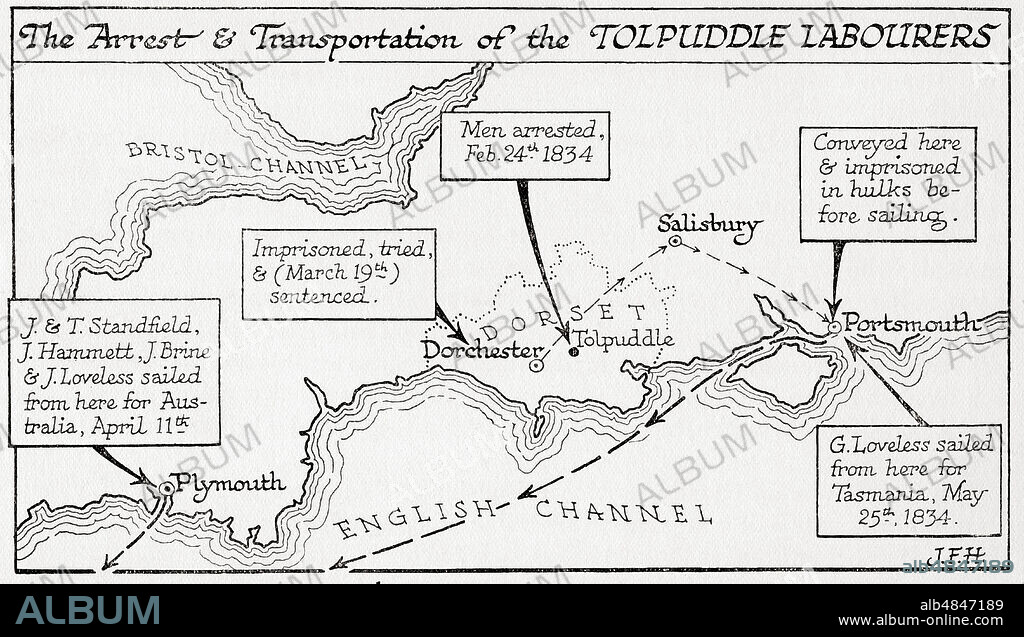 Map showing the arrest and transportation to Australia and Tasmania of the Tolpuddle Labourers, 1834.   The Tolpuddle Martyrs, a group of 19th-century Dorset agricultural labourers who were arrested for and convicted of swearing a secret oath as members o.