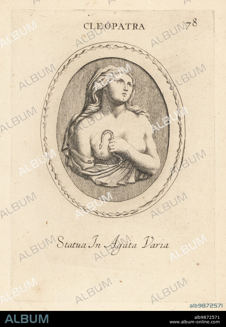 Bust of Cleopatra holding an asp to her bosom. Statue in variegated agate. Cleopatra VII Philopator, 69-30 BC, Queen of the Ptolemaic Kingdom of Egypt from 51 to 30 BC. Statua in agata varia. Copperplate engraving by Giovanni Battista Galestruzzi after Leonardo Agostini from Gemmae et Sculpturae Antiquae Depicti ab Leonardo Augustino Senesi, Abraham Blooteling, Amsterdam, 1685.